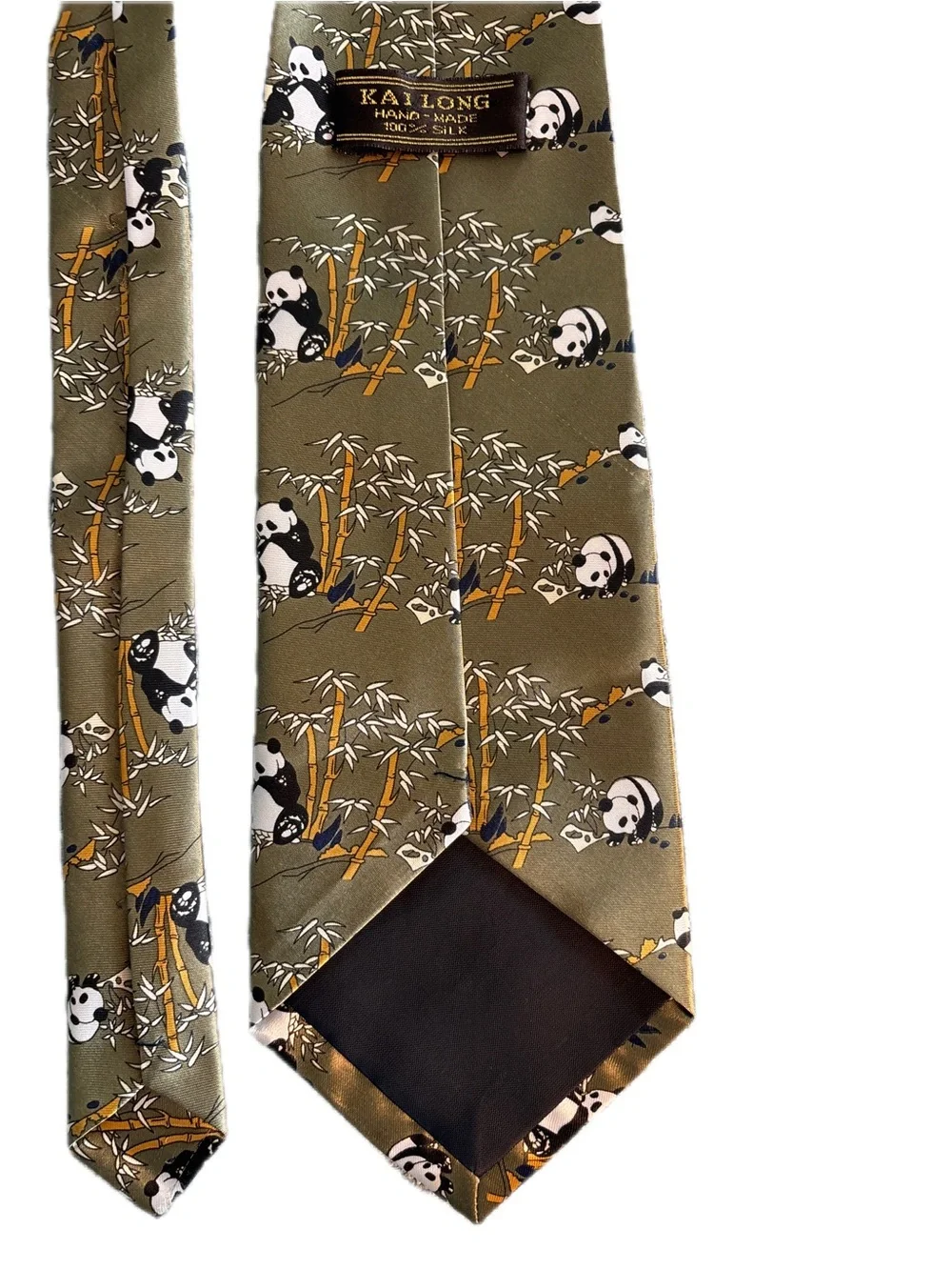 KAI LONG Goldish-Green with Small Pandas & Bamboo Hand Made 100% Silk
